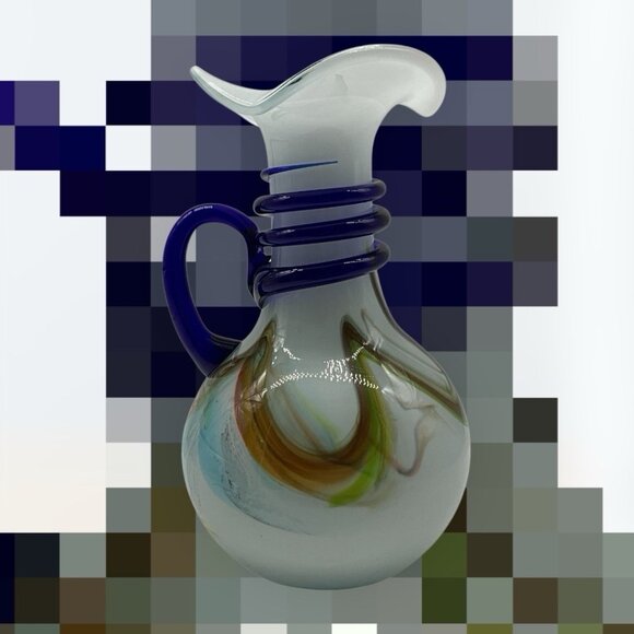 Murano Style Hand Blown Glass Pitcher With Cobalt Blue Rope And Handle Vintage - Picture 3 of 16